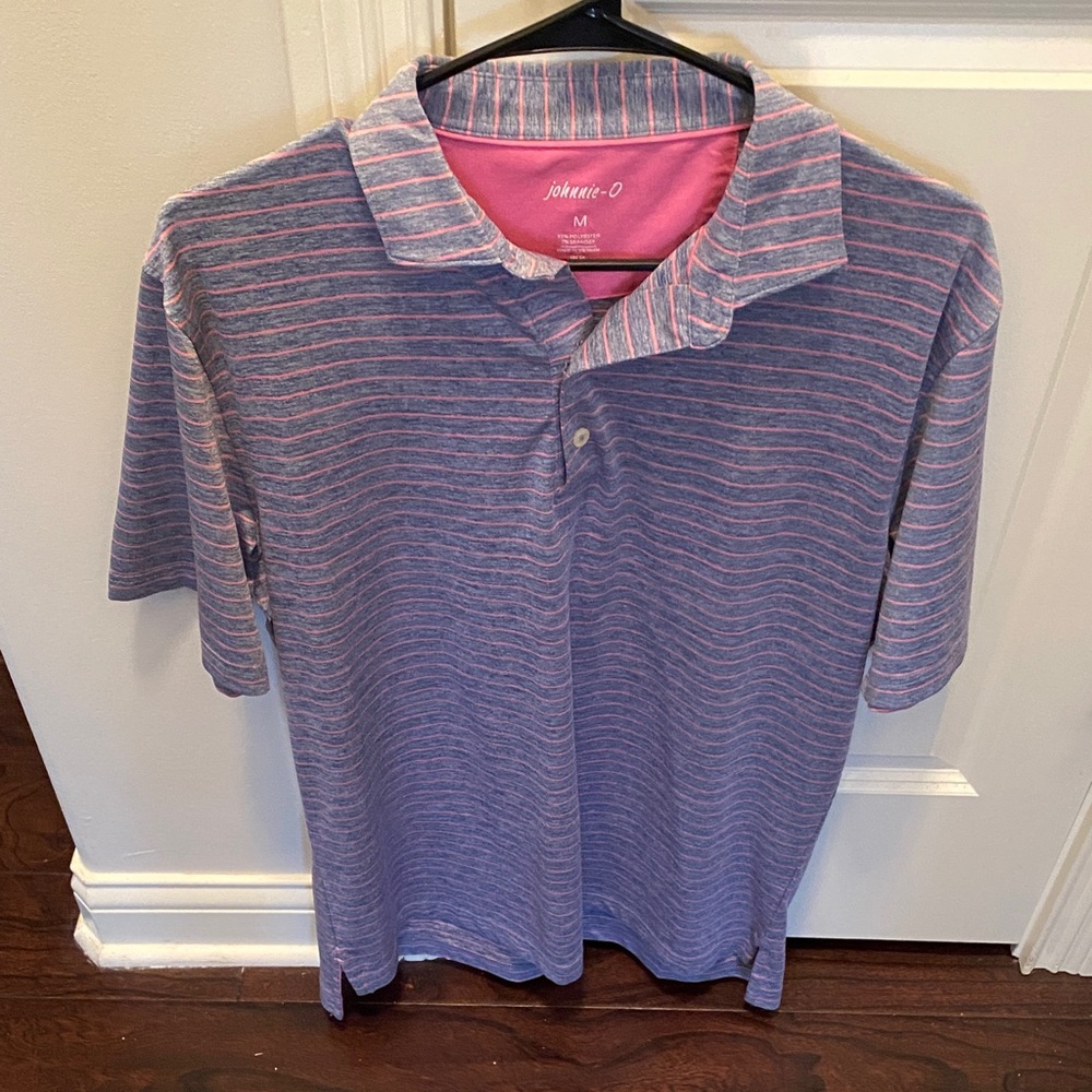 johnnie-O Blue and Pink Striped Polo Shirt